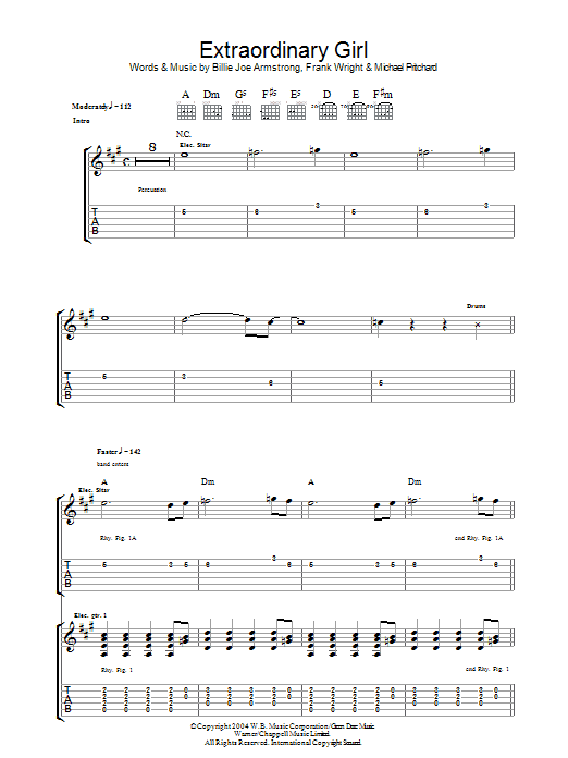 Green Day Extraordinary Girl Sheet Music Notes & Chords for Guitar Tab - Download or Print PDF