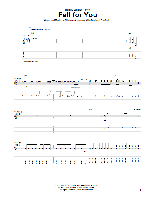 Green Day Fell For You Sheet Music Notes & Chords for Guitar Tab - Download or Print PDF