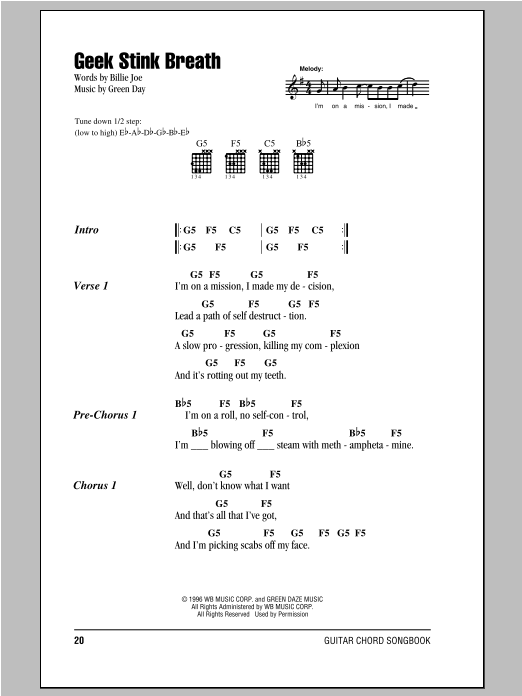 Green Day Geek Stink Breath Sheet Music Notes & Chords for Lyrics & Chords - Download or Print PDF