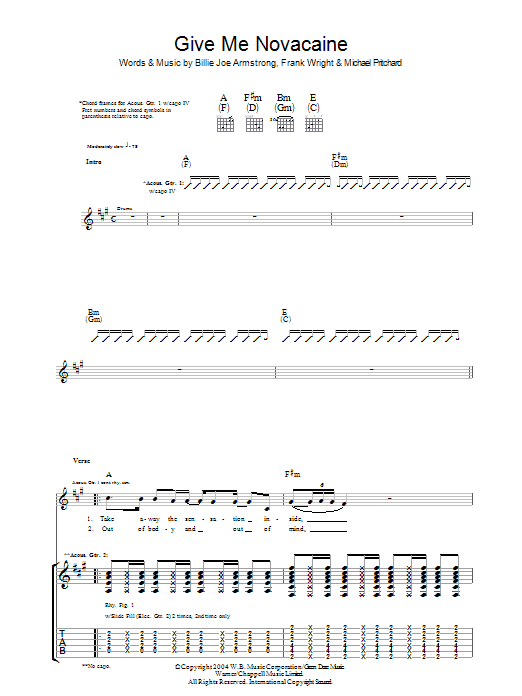 Green Day Give Me Novacaine Sheet Music Notes & Chords for Guitar Tab - Download or Print PDF