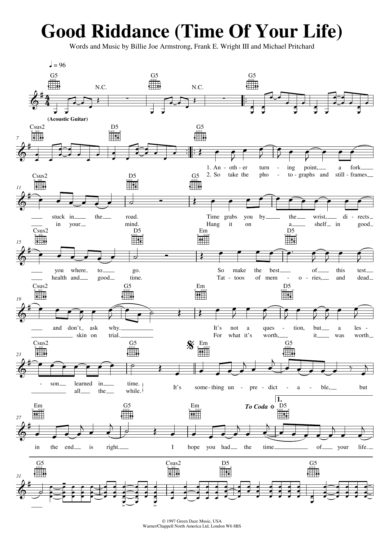 Green Day Good Riddance (Time Of Your Life) Sheet Music Notes & Chords for Mandolin - Download or Print PDF