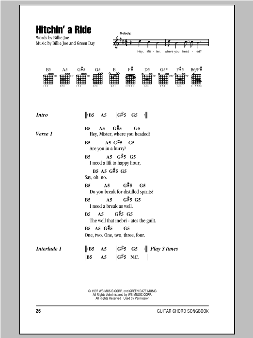 Green Day Hitchin' A Ride Sheet Music Notes & Chords for Lyrics & Chords - Download or Print PDF