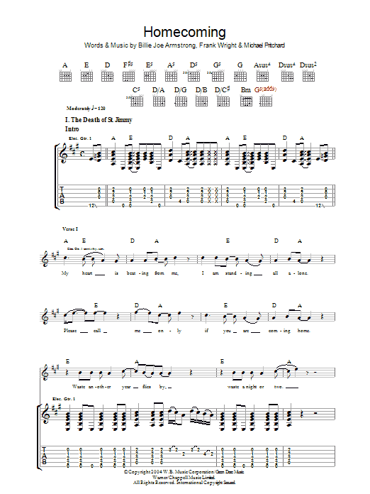 Green Day Homecoming Sheet Music Notes & Chords for Guitar Tab - Download or Print PDF