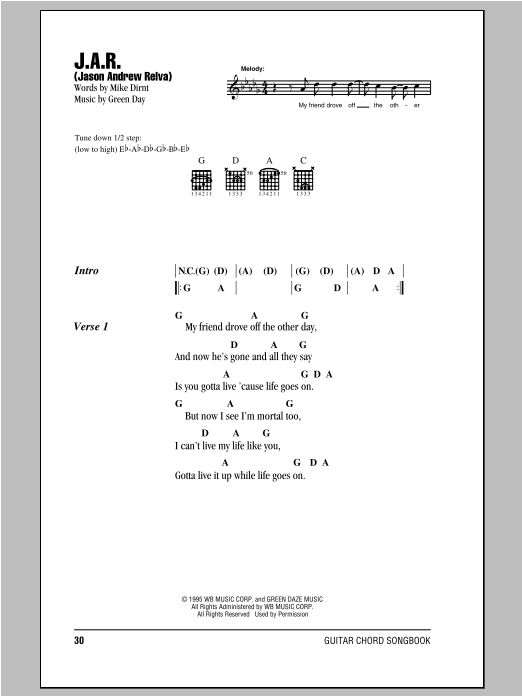 Green Day J.A.R. (Jason Andrew Relva) Sheet Music Notes & Chords for Lyrics & Chords - Download or Print PDF