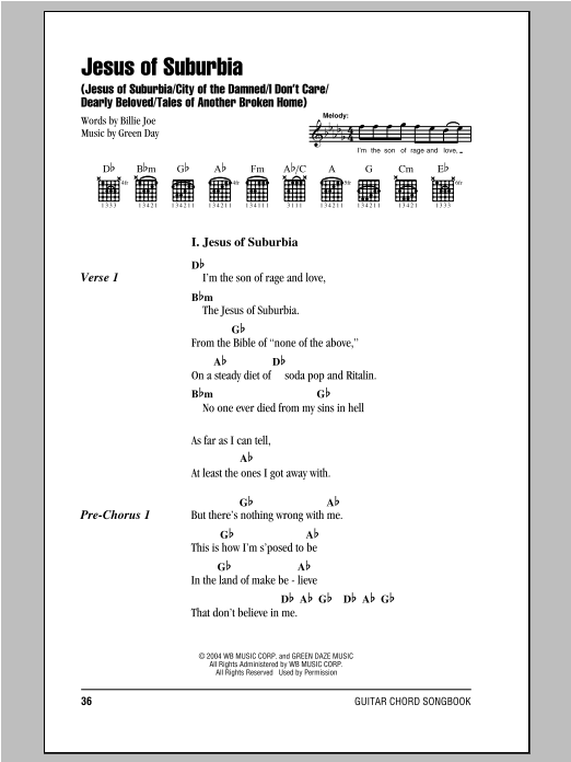 Green Day Jesus Of Suburbia: Jesus Of Suburbia/City Of The Damned/I Don't Care/Dearly Beloved/Tales Of Another Sheet Music Notes & Chords for Lyrics & Chords - Download or Print PDF