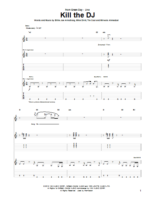 Green Day Kill The DJ Sheet Music Notes & Chords for Guitar Tab - Download or Print PDF