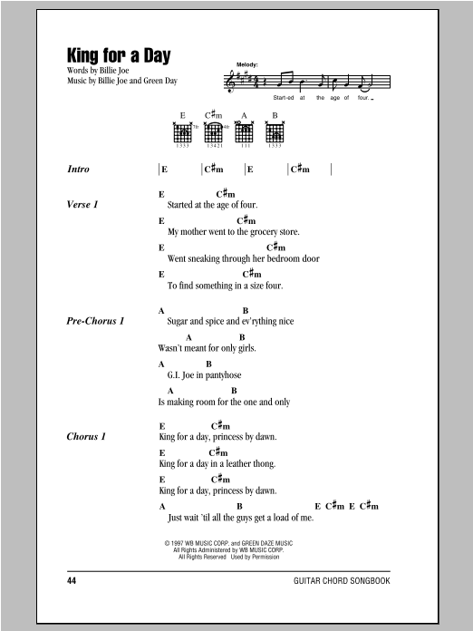 Green Day King For A Day Sheet Music Notes & Chords for Lyrics & Chords - Download or Print PDF Green Day King For A Day Sheet Music Notes & Chords for Lyrics & Chords - Download or Print PDF