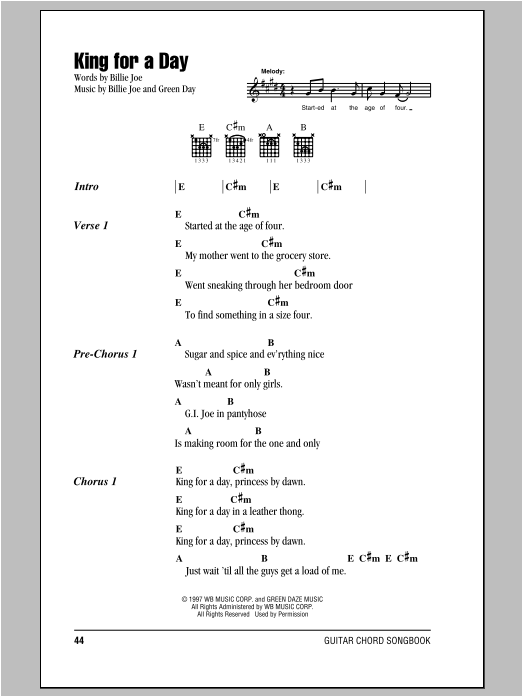 Green Day King For A Day Sheet Music Notes & Chords for Lyrics & Chords - Download or Print PDF