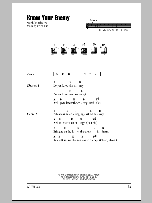 Green Day Know Your Enemy Sheet Music Notes & Chords for Lyrics & Chords - Download or Print PDF
