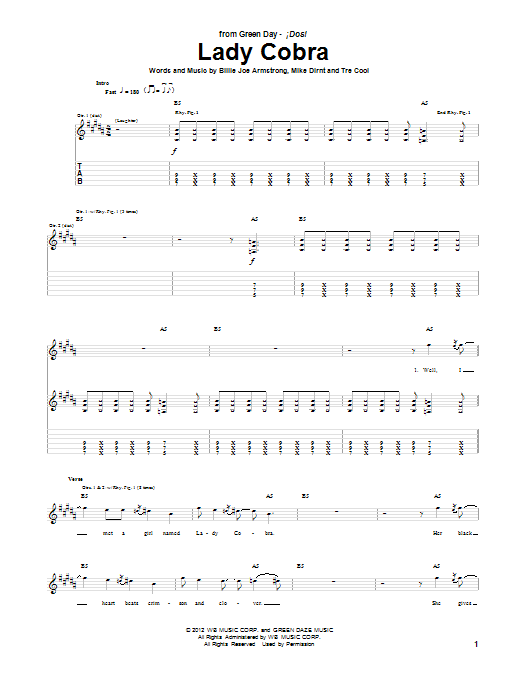 Green Day Lady Cobra Sheet Music Notes & Chords for Guitar Tab - Download or Print PDF