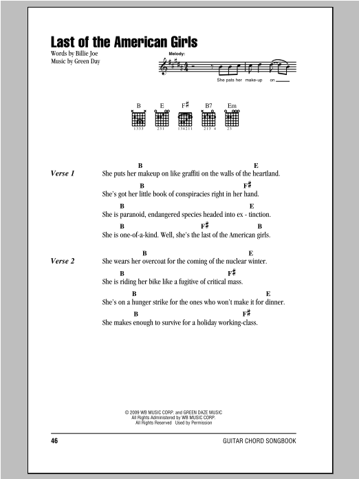 Green Day Last Of The American Girls Sheet Music Notes & Chords for Lyrics & Chords - Download or Print PDF