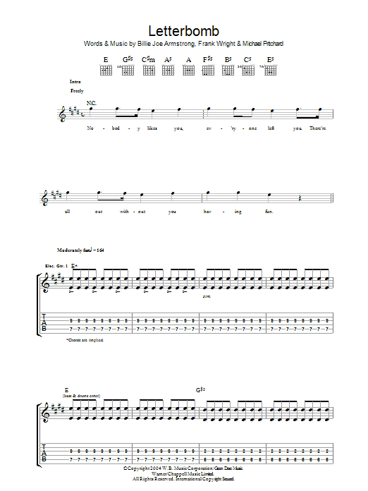 Green Day Letterbomb Sheet Music Notes & Chords for Guitar Tab - Download or Print PDF