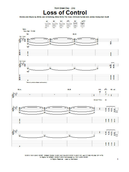 Green Day Loss Of Control Sheet Music Notes & Chords for Guitar Tab - Download or Print PDF