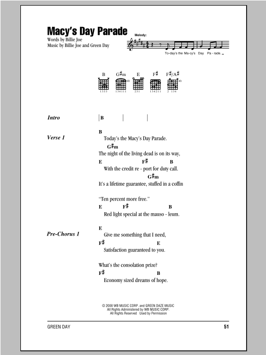 Green Day Macy's Day Parade Sheet Music Notes & Chords for Lyrics & Chords - Download or Print PDF