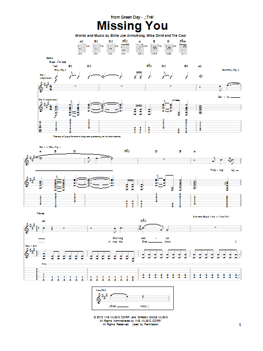 Green Day Missing You Sheet Music Notes & Chords for Guitar Tab - Download or Print PDF