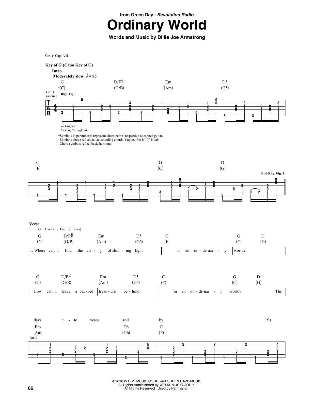 Green Day Ordinary World Sheet Music Notes & Chords for Guitar Tab - Download or Print PDF