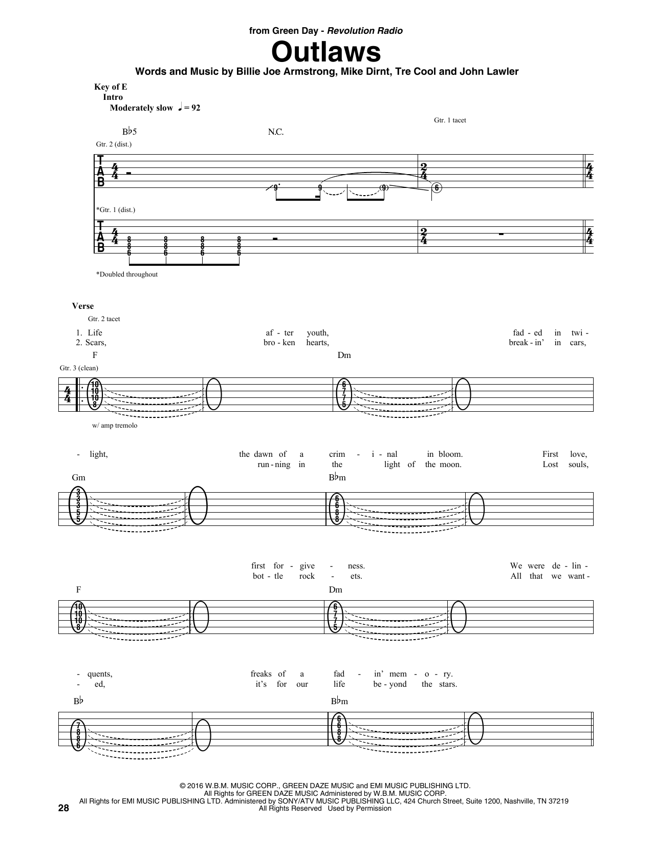 Green Day Outlaws Sheet Music Notes & Chords for Guitar Tab - Download or Print PDF