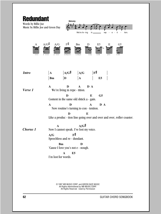 Green Day Redundant Sheet Music Notes & Chords for Lyrics & Chords - Download or Print PDF