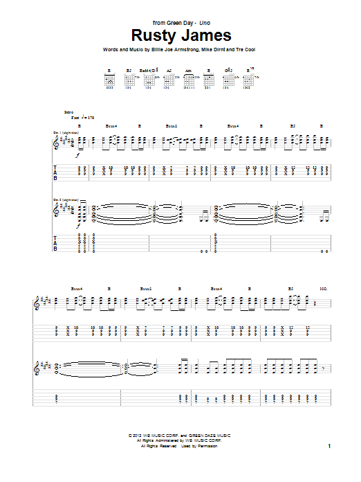 Green Day Rusty James Sheet Music Notes & Chords for Guitar Tab - Download or Print PDF