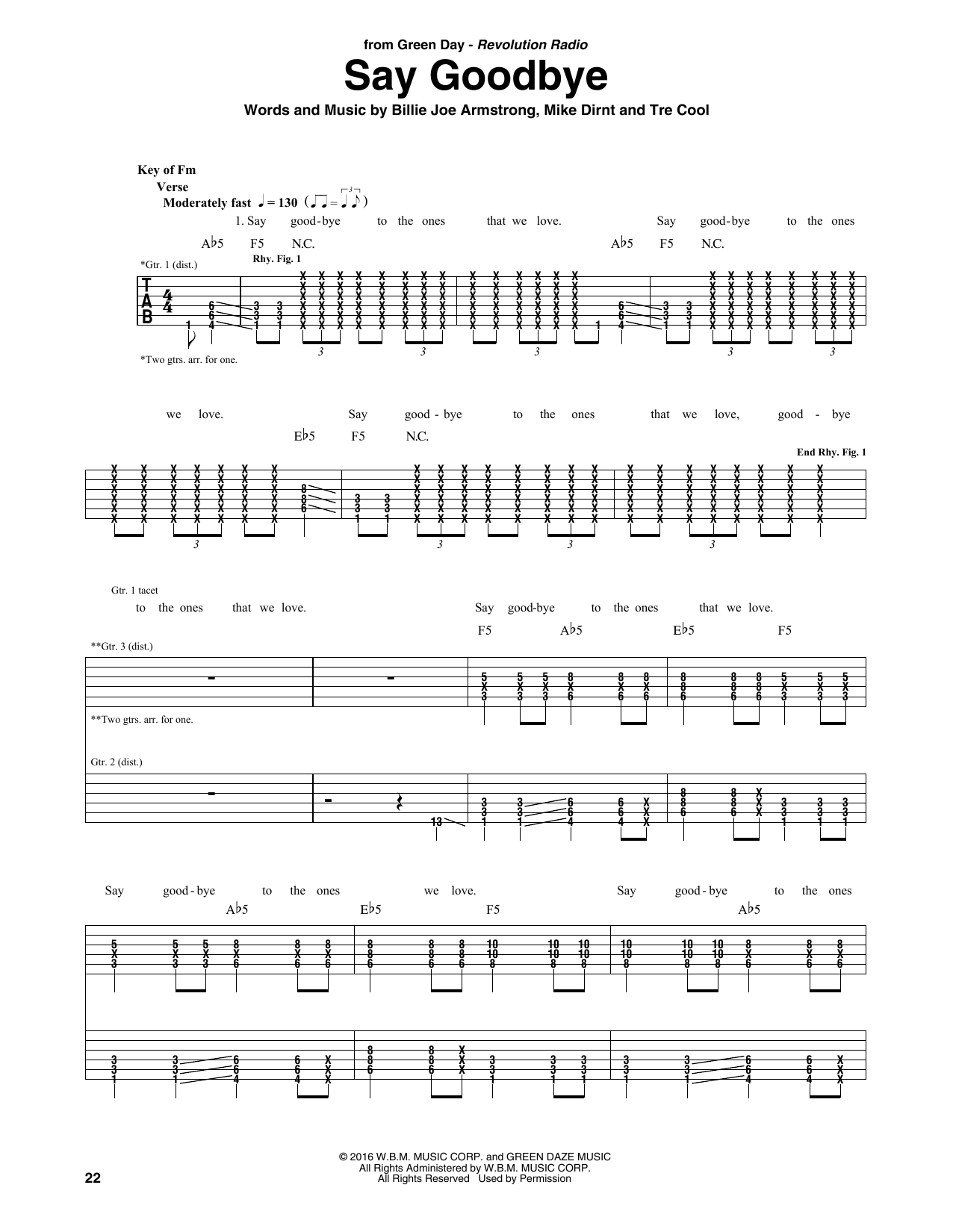 Green Day Say Goodbye Sheet Music Notes & Chords for Guitar Tab - Download or Print PDF