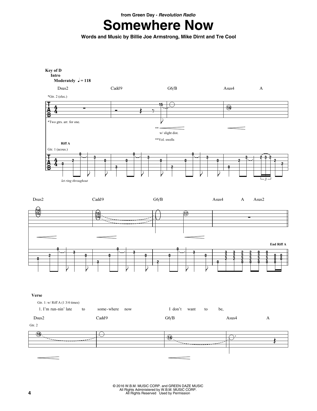 Green Day Somewhere Now Sheet Music Notes & Chords for Guitar Tab - Download or Print PDF