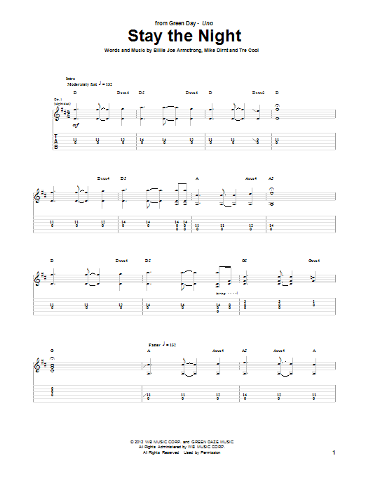 Green Day Stay The Night Sheet Music Notes & Chords for Guitar Tab - Download or Print PDF