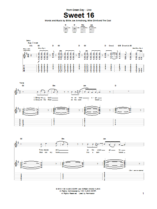 Green Day Sweet 16 Sheet Music Notes & Chords for Guitar Tab - Download or Print PDF