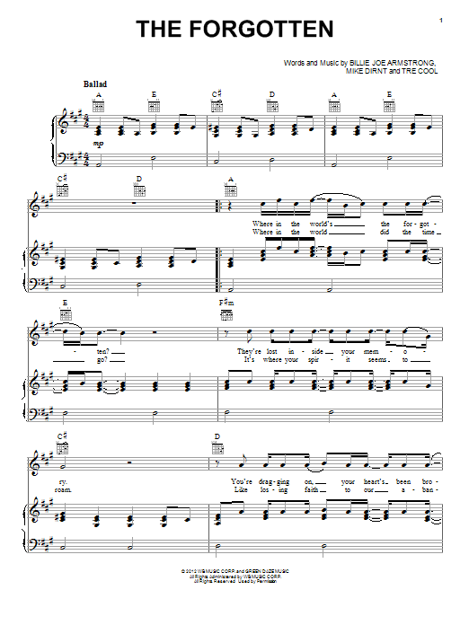 Green Day The Forgotten Sheet Music Notes & Chords for Piano, Vocal & Guitar (Right-Hand Melody) - Download or Print PDF