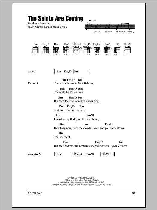 Green Day The Saints Are Coming Sheet Music Notes & Chords for Lyrics & Chords - Download or Print PDF Green Day The Saints Are Coming Sheet Music Notes & Chords for Lyrics & Chords - Download or Print PDF
