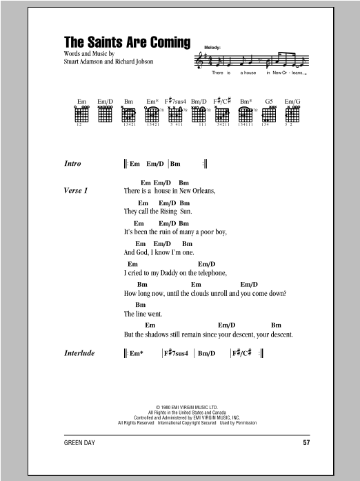 Green Day The Saints Are Coming Sheet Music Notes & Chords for Lyrics & Chords - Download or Print PDF