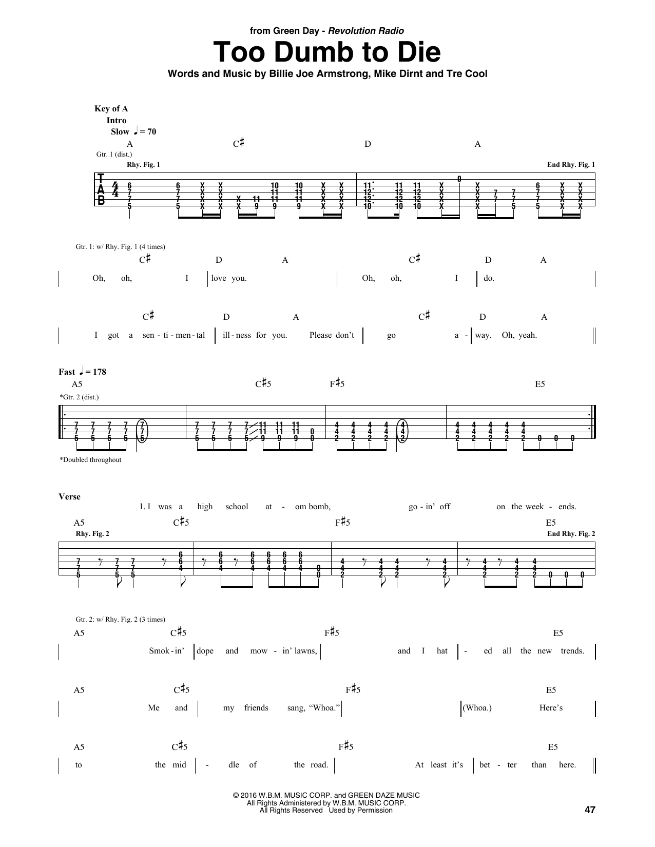 Green Day Too Dumb To Die Sheet Music Notes & Chords for Guitar Tab - Download or Print PDF