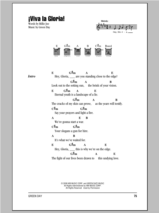 Green Day Viva La Gloria! Sheet Music Notes & Chords for Lyrics & Chords - Download or Print PDF