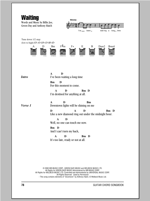Green Day Waiting Sheet Music Notes & Chords for Lyrics & Chords - Download or Print PDF