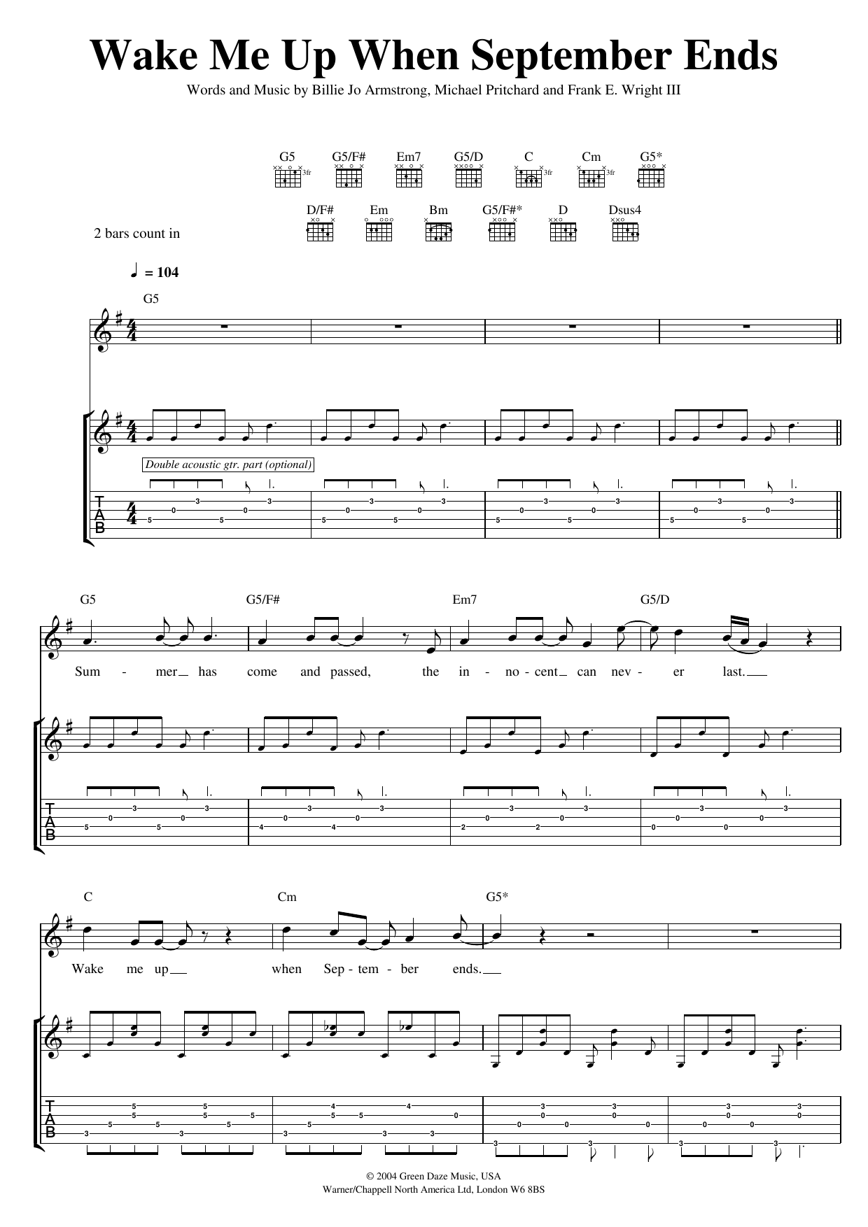 Green Day Wake Me Up When September Ends Sheet Music Notes & Chords for Piano, Vocal & Guitar (Right-Hand Melody) - Download or Print PDF