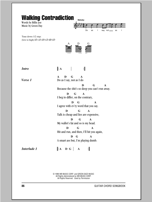 Green Day Walking Contradiction Sheet Music Notes & Chords for Lyrics & Chords - Download or Print PDF