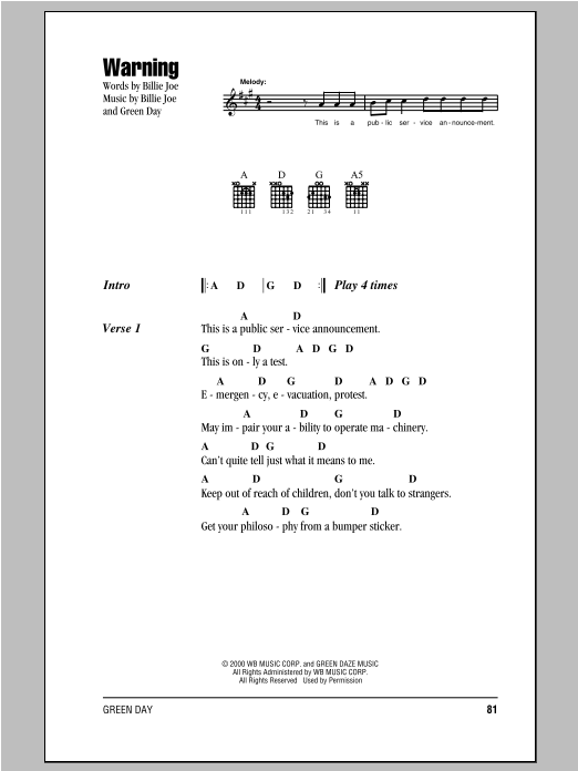 Green Day Warning Sheet Music Notes & Chords for Lyrics & Chords - Download or Print PDF