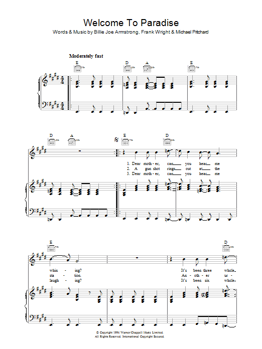Green Day Welcome To Paradise Sheet Music Notes & Chords for Lyrics & Chords - Download or Print PDF