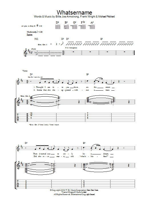 Green Day Whatsername Sheet Music Notes & Chords for Guitar Tab - Download or Print PDF