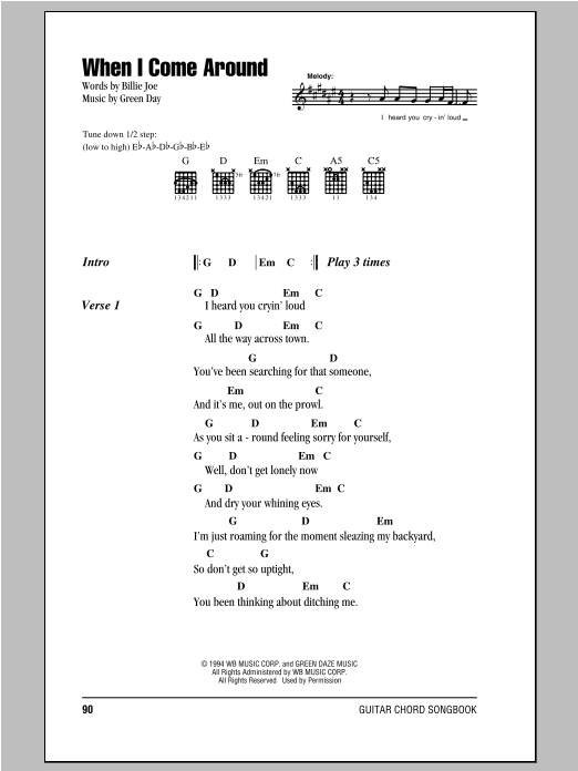Green Day When I Come Around Sheet Music Notes & Chords for Piano, Vocal & Guitar (Right-Hand Melody) - Download or Print PDF