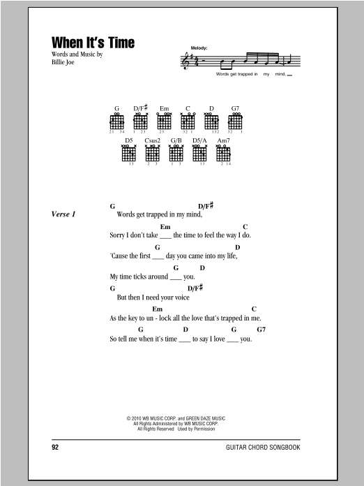 Green Day When It's Time Sheet Music Notes & Chords for Lyrics & Chords - Download or Print PDF