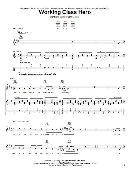 Green Day Working Class Hero Sheet Music Notes & Chords for Guitar Tab - Download or Print PDF