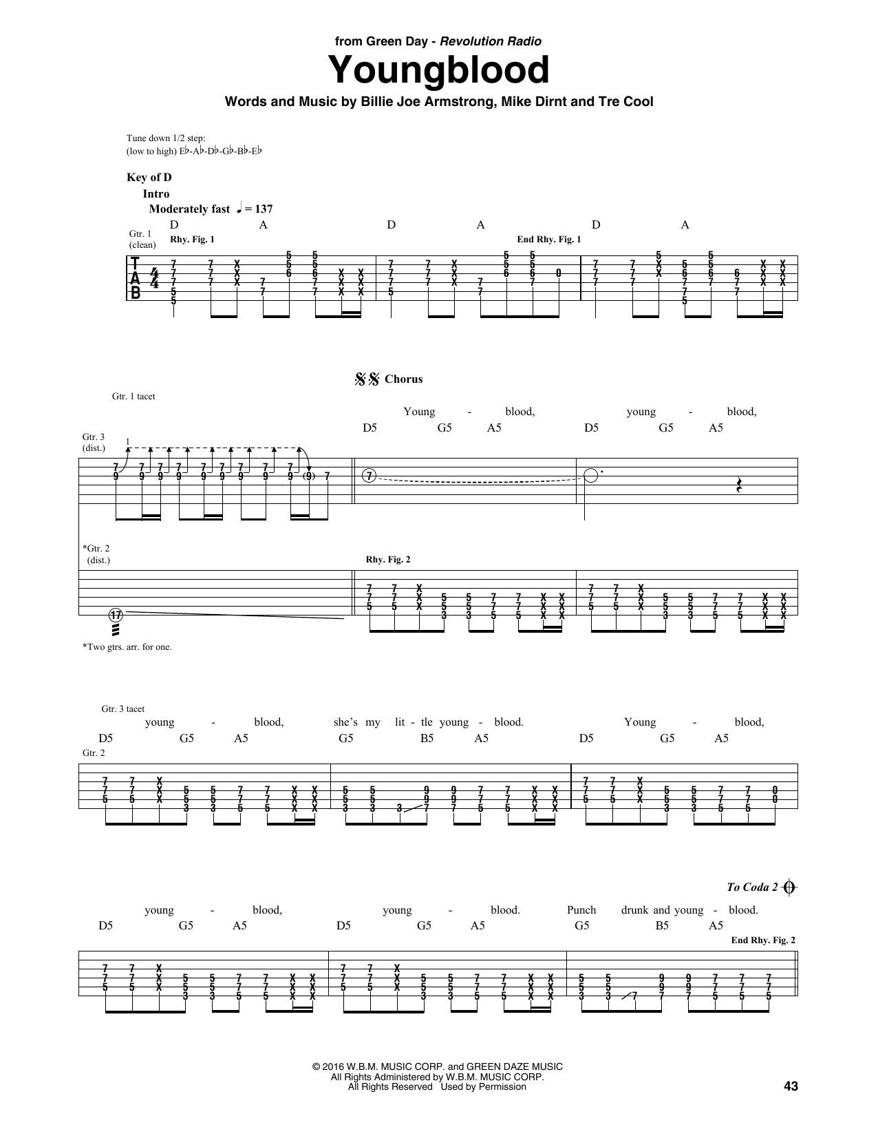Green Day Youngblood Sheet Music Notes & Chords for Guitar Tab - Download or Print PDF