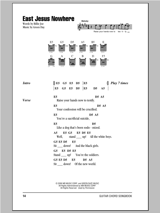 Preview Green Day East Jesus Nowhere Pop sheet music, notes and chords for Lyrics & Chords, SKU: 94070 East Jesus Nowhere sheet music