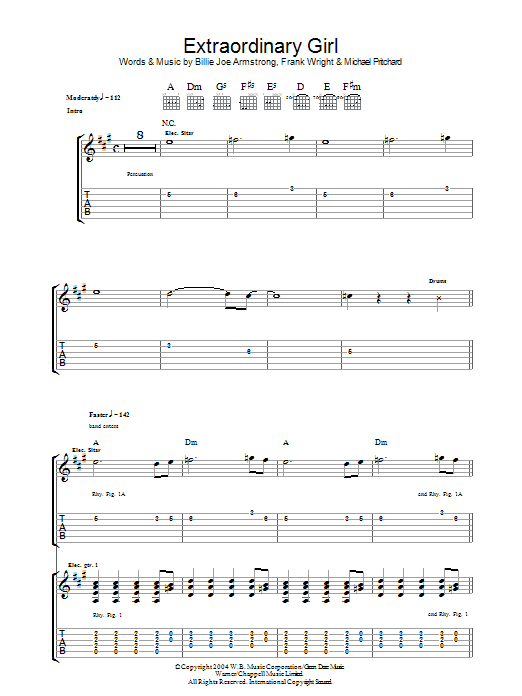 Preview Green Day Extraordinary Girl Rock sheet music, notes and chords for Guitar Tab, SKU: 37835 Extraordinary Girl sheet music