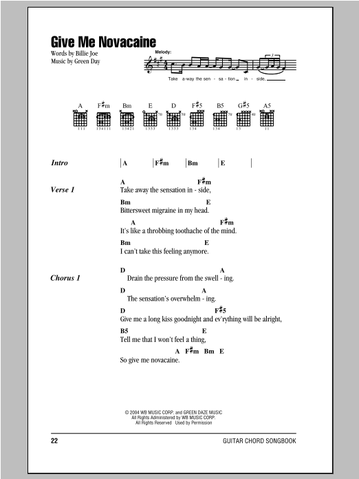 Preview Green Day Give Me Novacaine Pop sheet music, notes and chords for Lyrics & Chords, SKU: 94101 Give Me Novacaine sheet music