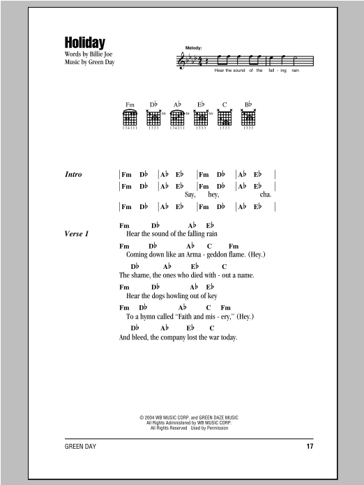 Preview Green Day Holiday Pop sheet music, notes and chords for Lyrics & Chords, SKU: 94093 Holiday sheet music
