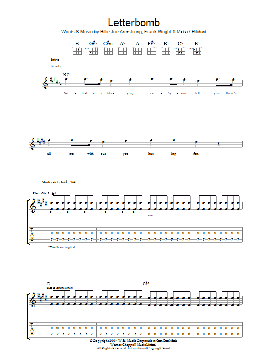 Preview Green Day Letterbomb Rock sheet music, notes and chords for Guitar Tab, SKU: 37837 Letterbomb sheet music