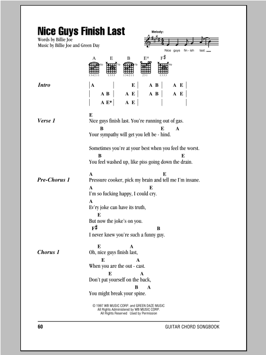 Preview Green Day Nice Guys Finish Last Pop sheet music, notes and chords for Lyrics & Chords, SKU: 94066 Nice Guys Finish Last sheet music