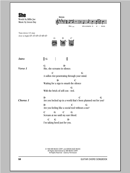 Preview Green Day She Pop sheet music, notes and chords for Lyrics & Chords, SKU: 94082 She sheet music