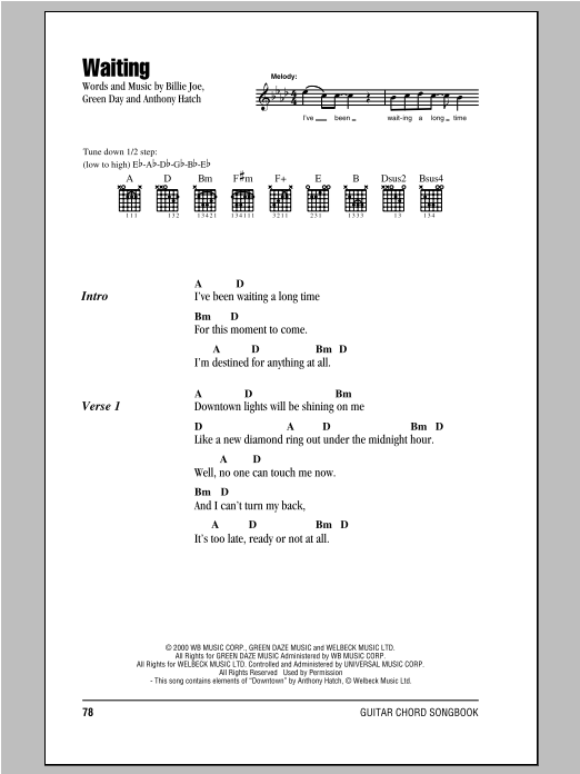 Preview Green Day Waiting Pop sheet music, notes and chords for Lyrics & Chords, SKU: 94075 Waiting sheet music